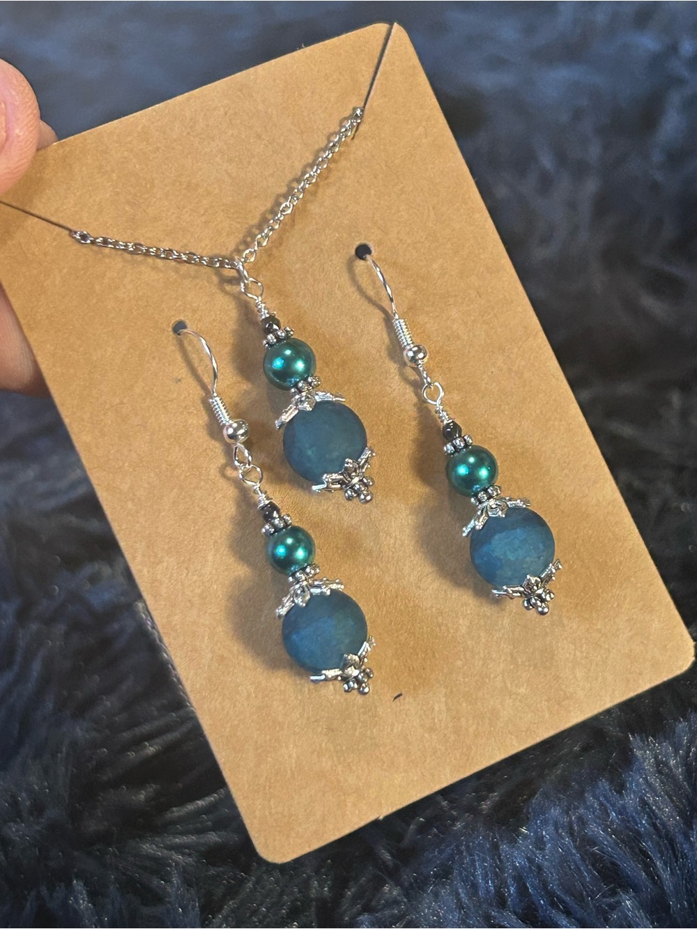 Handcrafted blue crackle glass pearl necklace and earring set